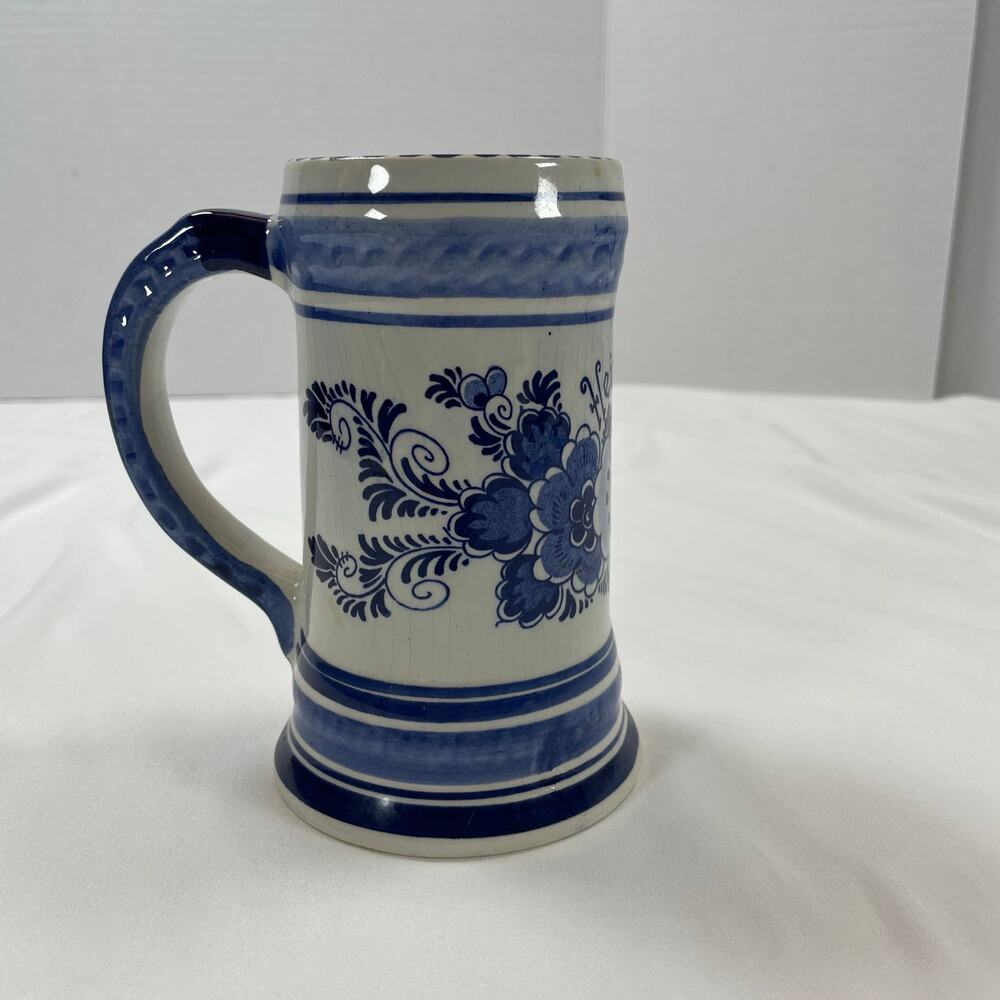 Blue Delft Heineken Beer Stein Mug Hand Painted Blue White Holland 5" Vintage - Picture 4 of 6